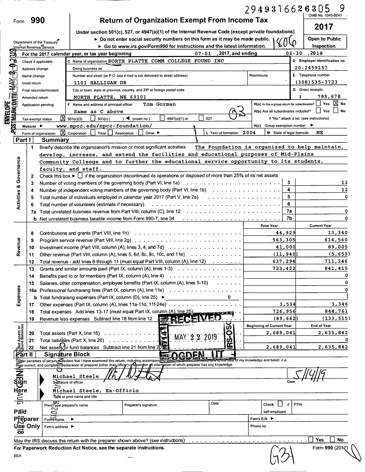 Image of first page of 2017 Form 990 for North Platte Comm College Found