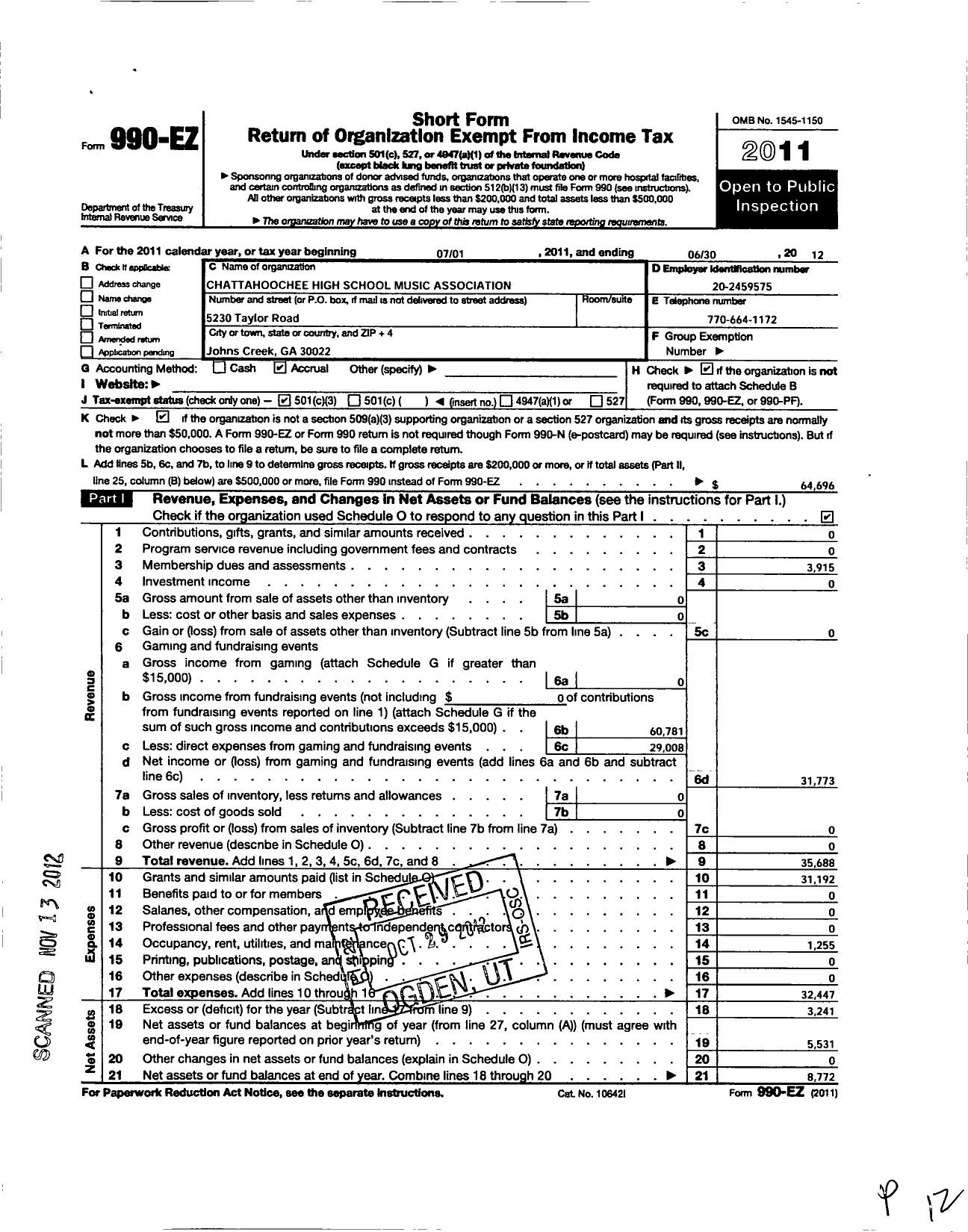 Image of first page of 2011 Form 990EZ for Chattahoochee High School Music Association