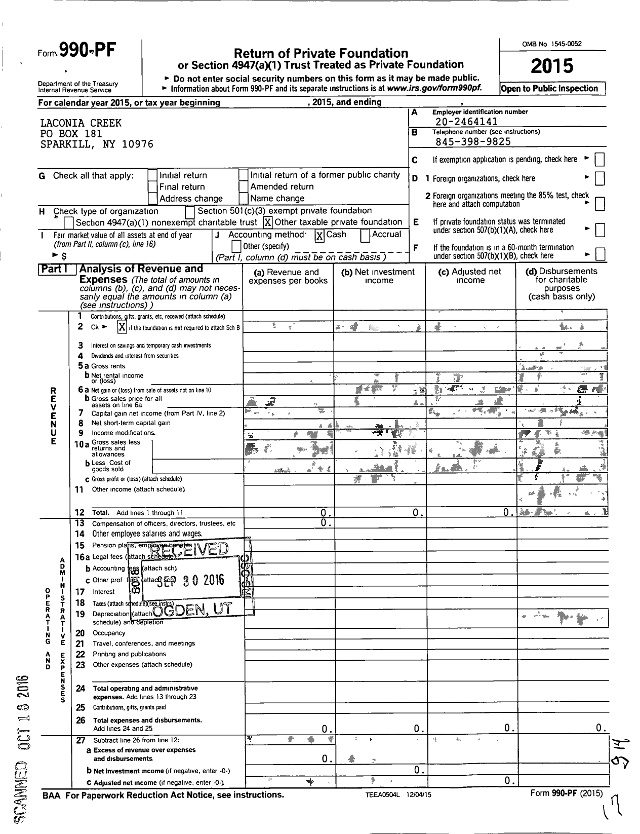 Image of first page of 2015 Form 990PF for Laconia Creek