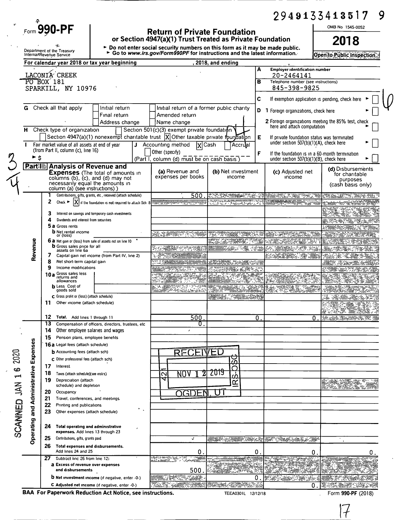 Image of first page of 2018 Form 990PF for Laconia Creek