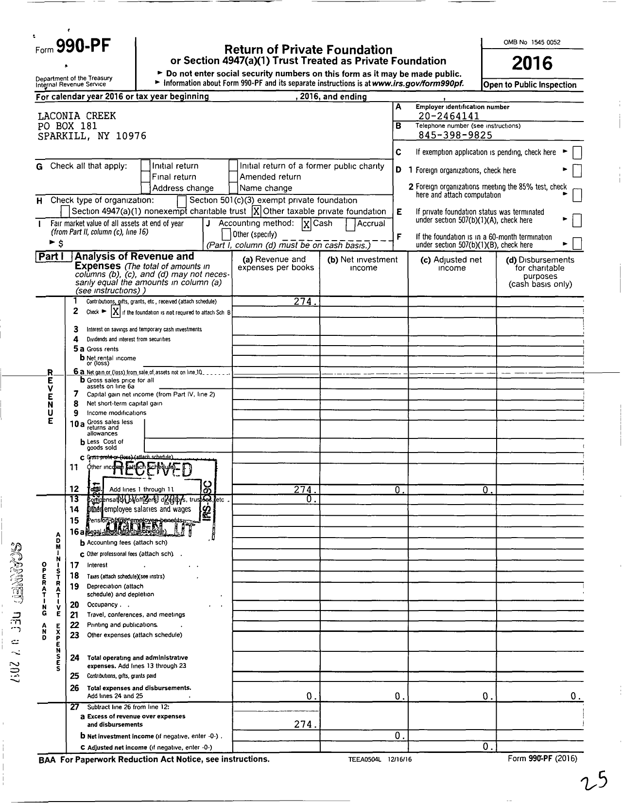 Image of first page of 2016 Form 990PF for Laconia Creek