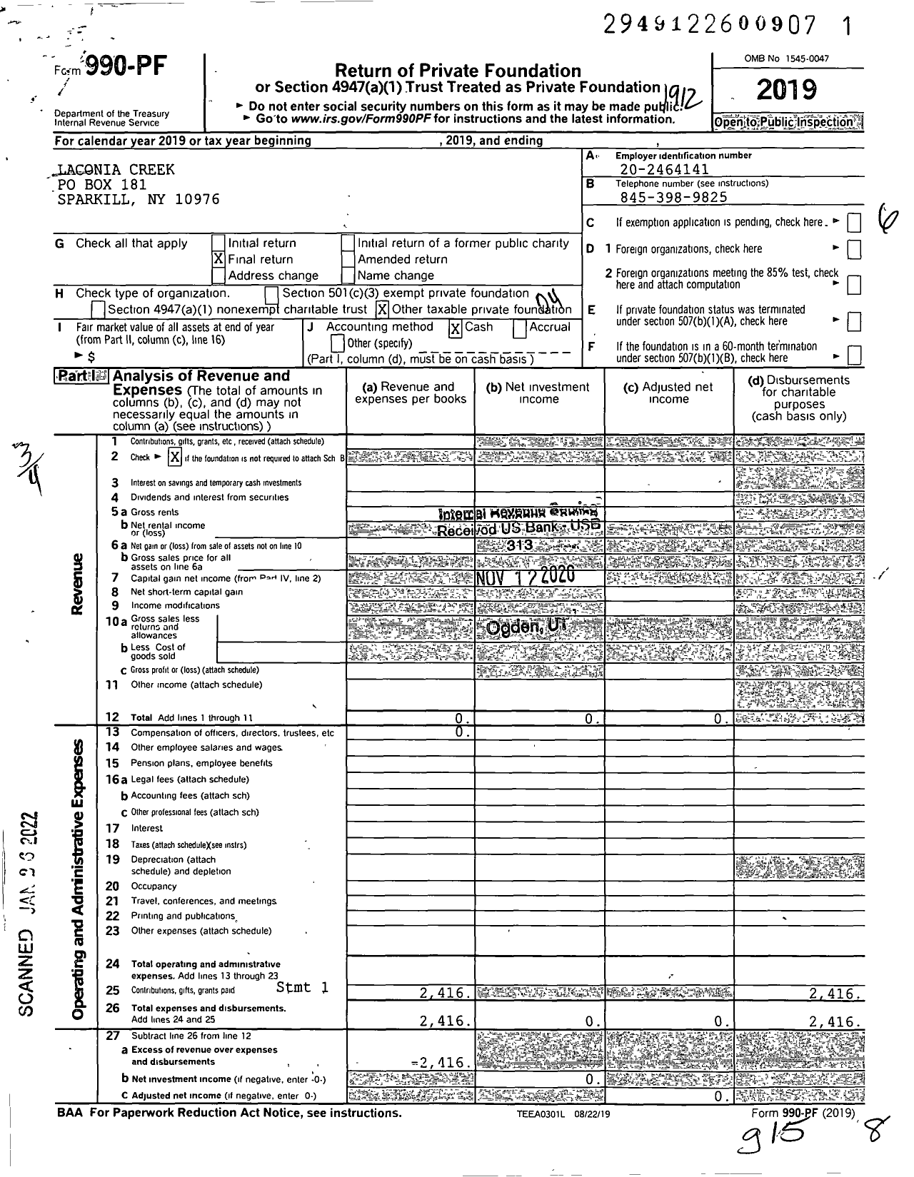 Image of first page of 2019 Form 990PF for Laconia Creek