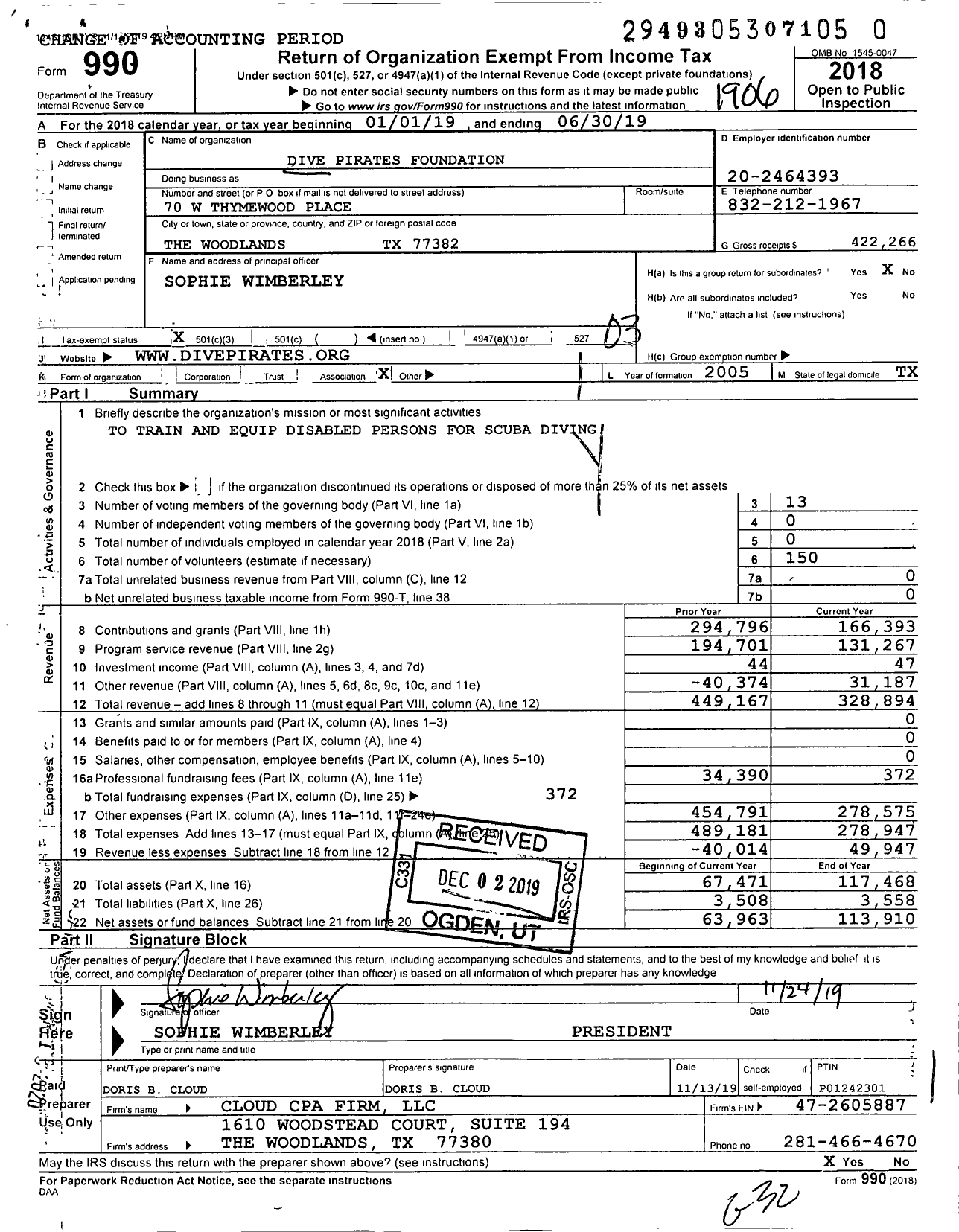 Image of first page of 2018 Form 990 for Dive Pirates Foundation