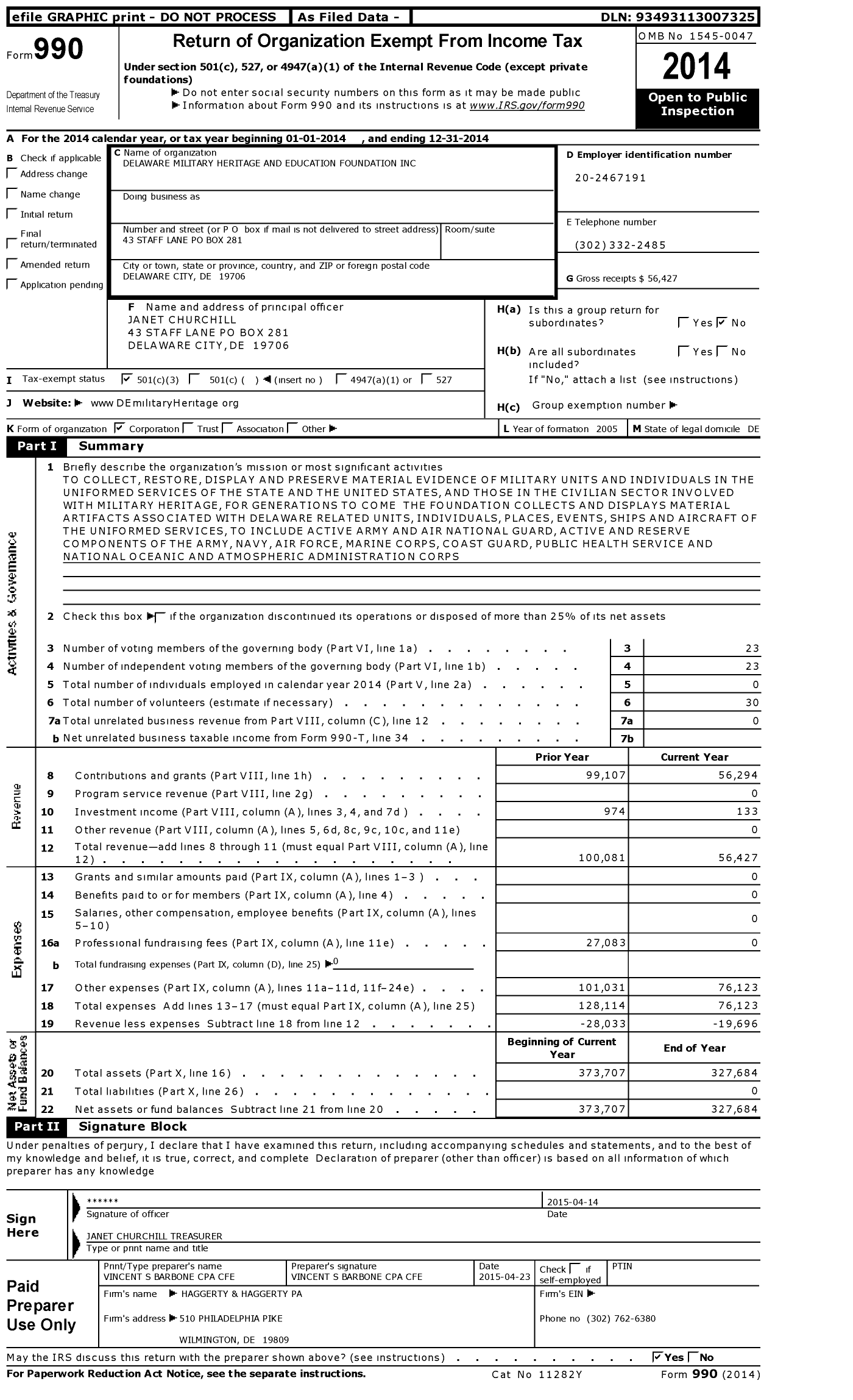 Image of first page of 2014 Form 990 for Delaware Military Heritage and Education Foundation