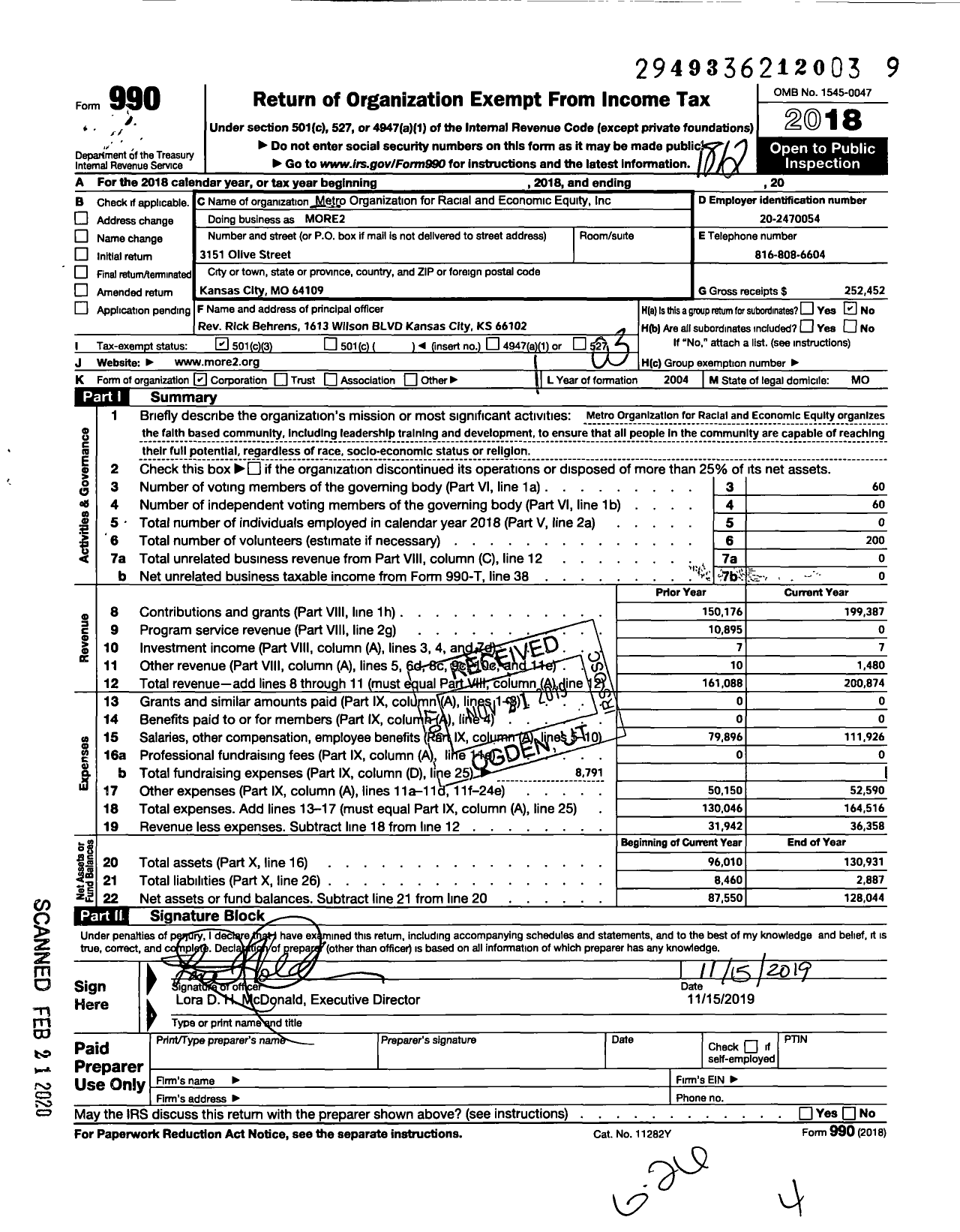 Image of first page of 2018 Form 990 for Metro Organization for Racial and Economic Equity (MORE2)