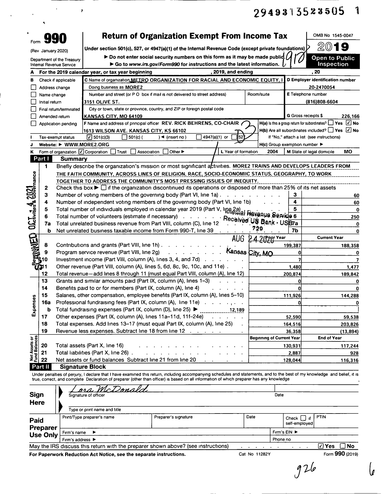 Image of first page of 2019 Form 990 for Metro Organization for Racial and Economic Equity (MORE2)