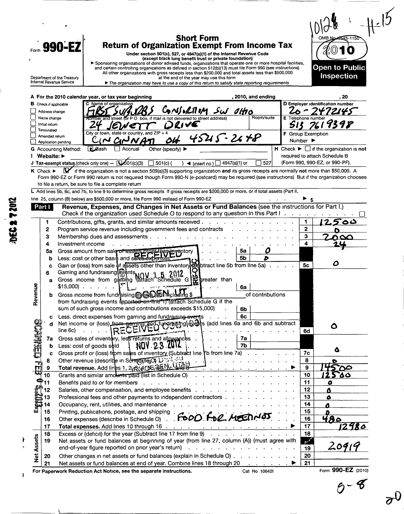 Image of first page of 2010 Form 990EZ for First Suburbs Consortium of Southwest Ohio