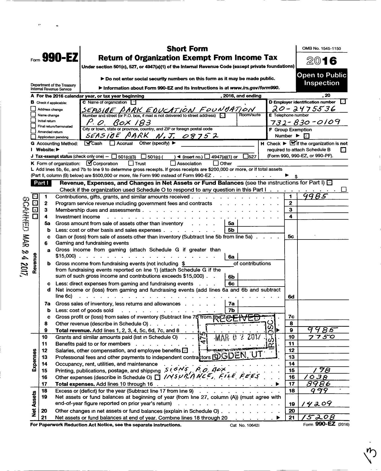 Image of first page of 2016 Form 990EO for Seaside Park Education Foundation