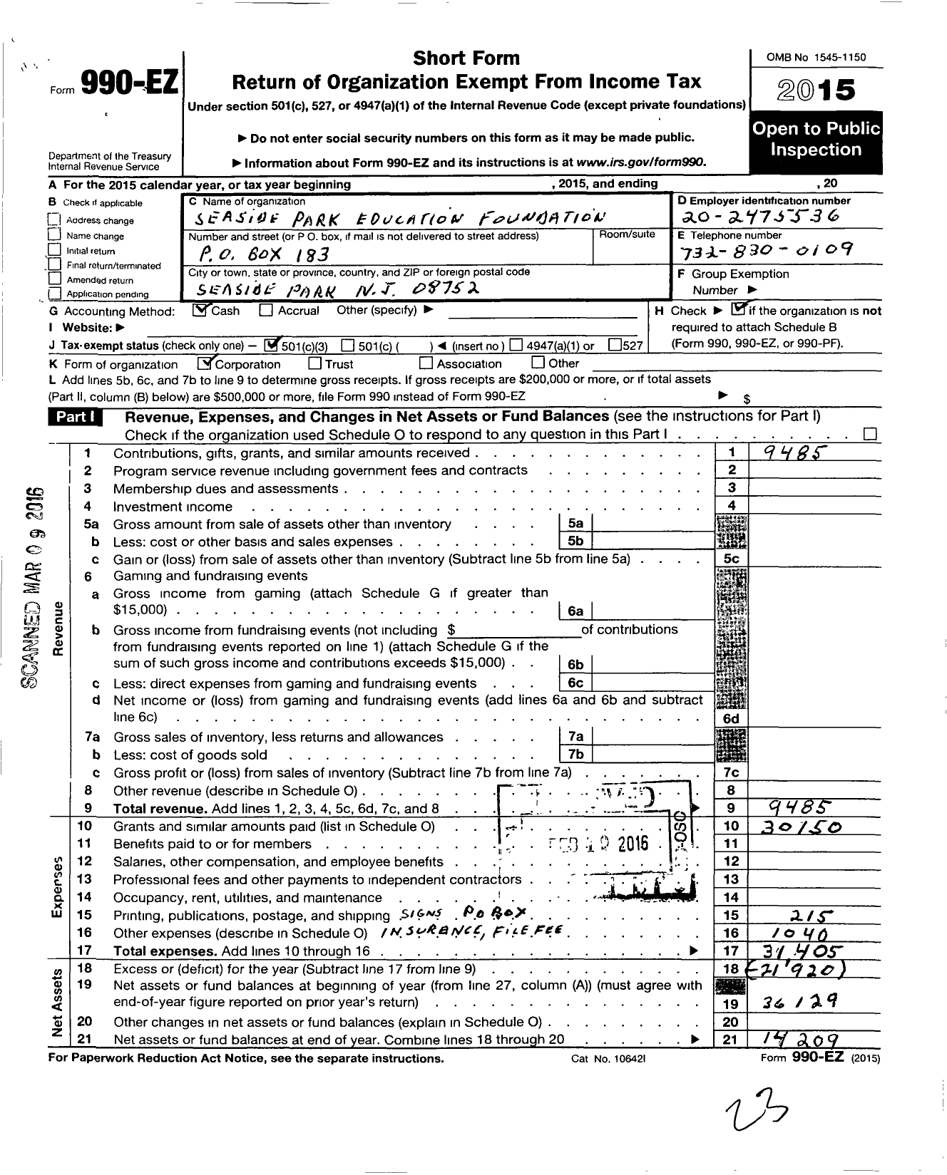 Image of first page of 2015 Form 990EZ for Seaside Park Education Foundation