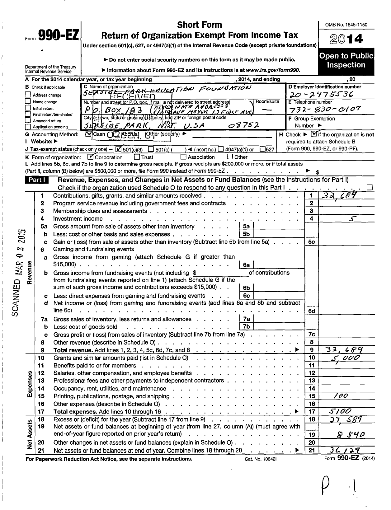 Image of first page of 2014 Form 990EZ for Seaside Park Education Foundation