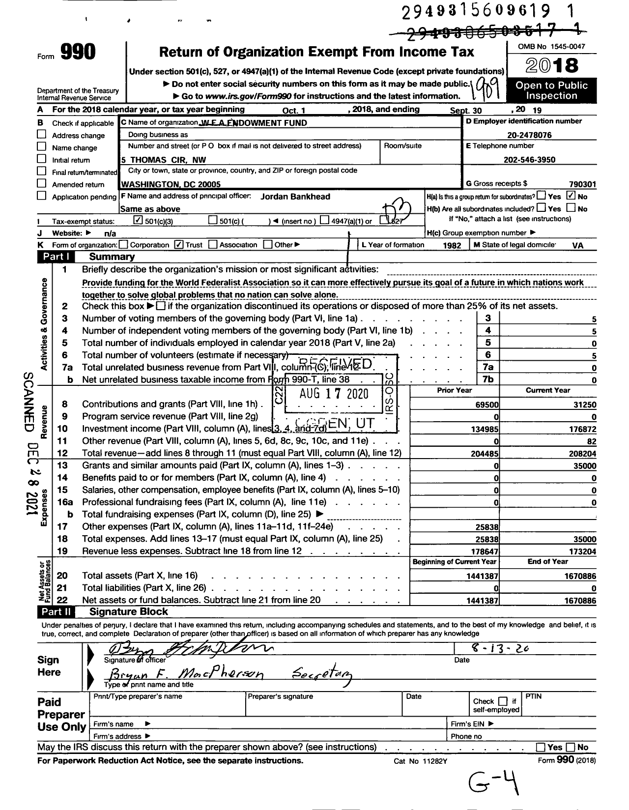 Image of first page of 2018 Form 990 for World Federalist Association Endowment Fund Trust