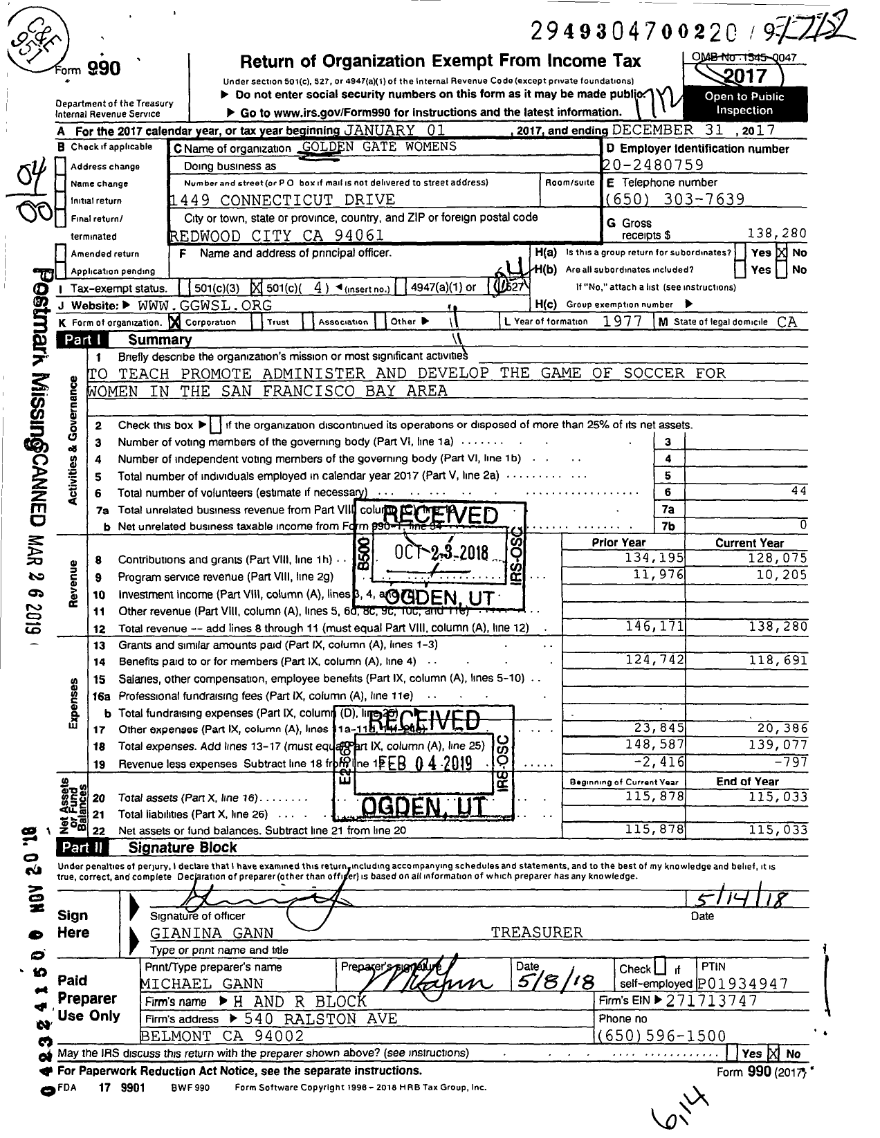 Image of first page of 2017 Form 990O for Golden Gate Womens Soccer League