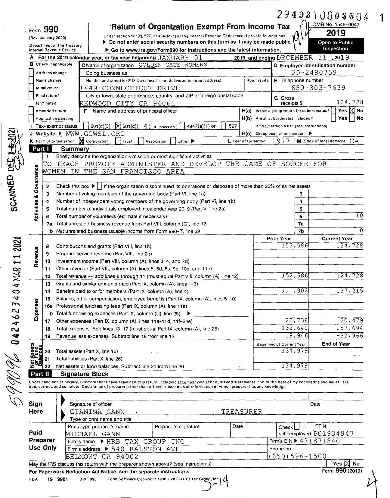 Image of first page of 2019 Form 990O for Golden Gate Womens Soccer League