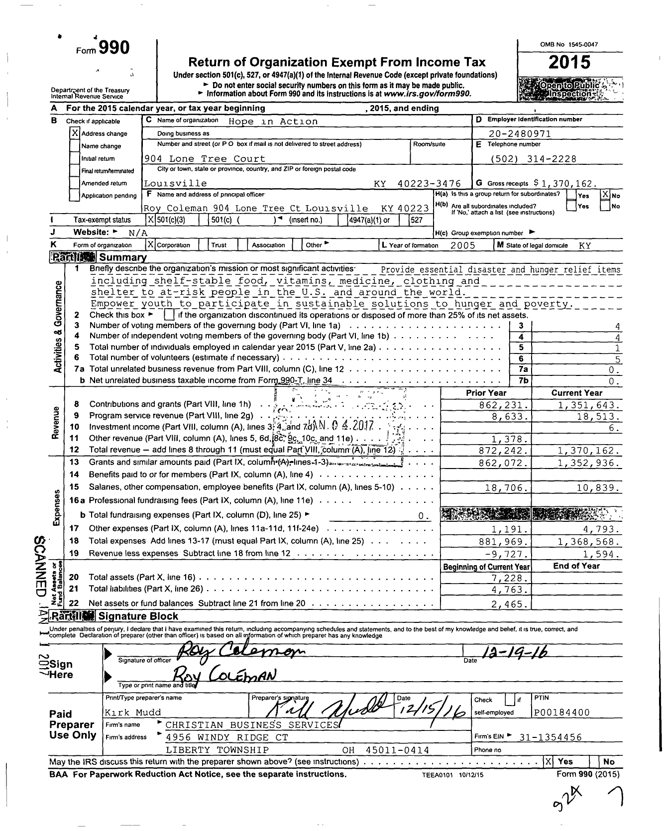 Image of first page of 2015 Form 990 for Hope in Action