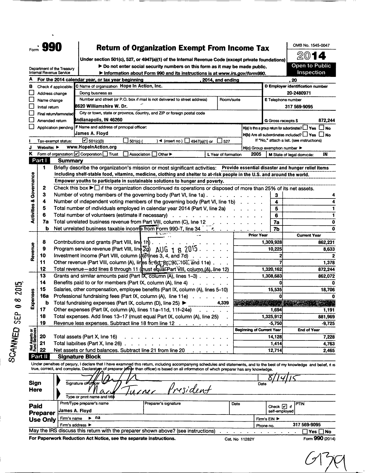 Image of first page of 2014 Form 990 for Hope in Action