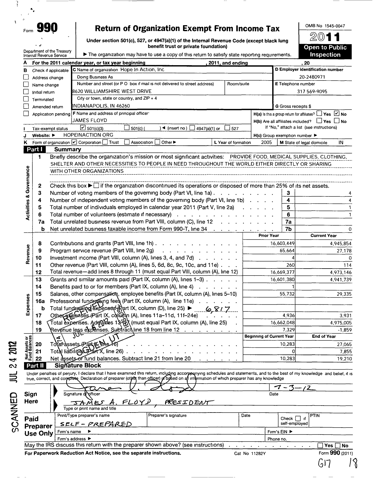 Image of first page of 2011 Form 990 for Hope in Action