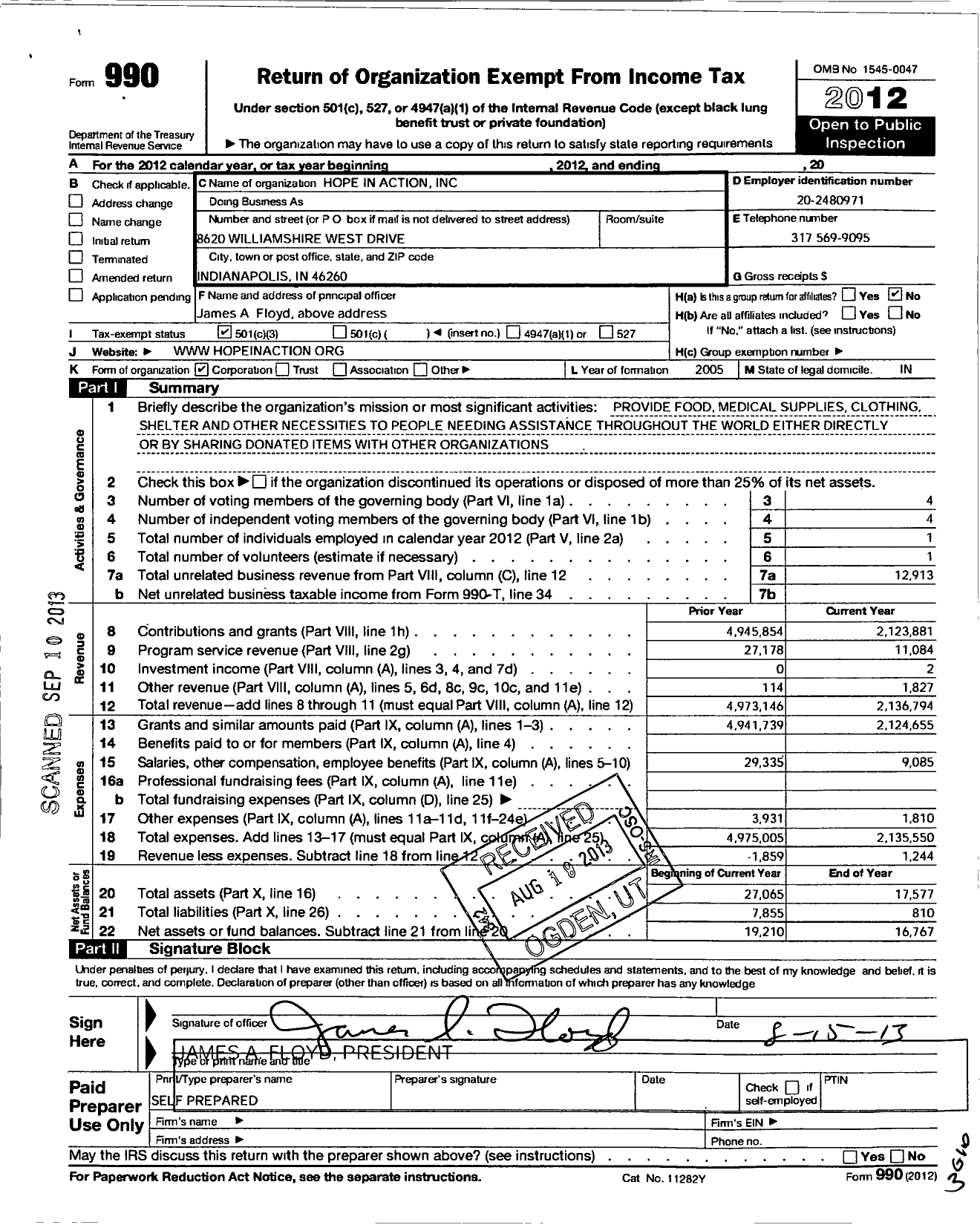 Image of first page of 2012 Form 990 for Hope in Action