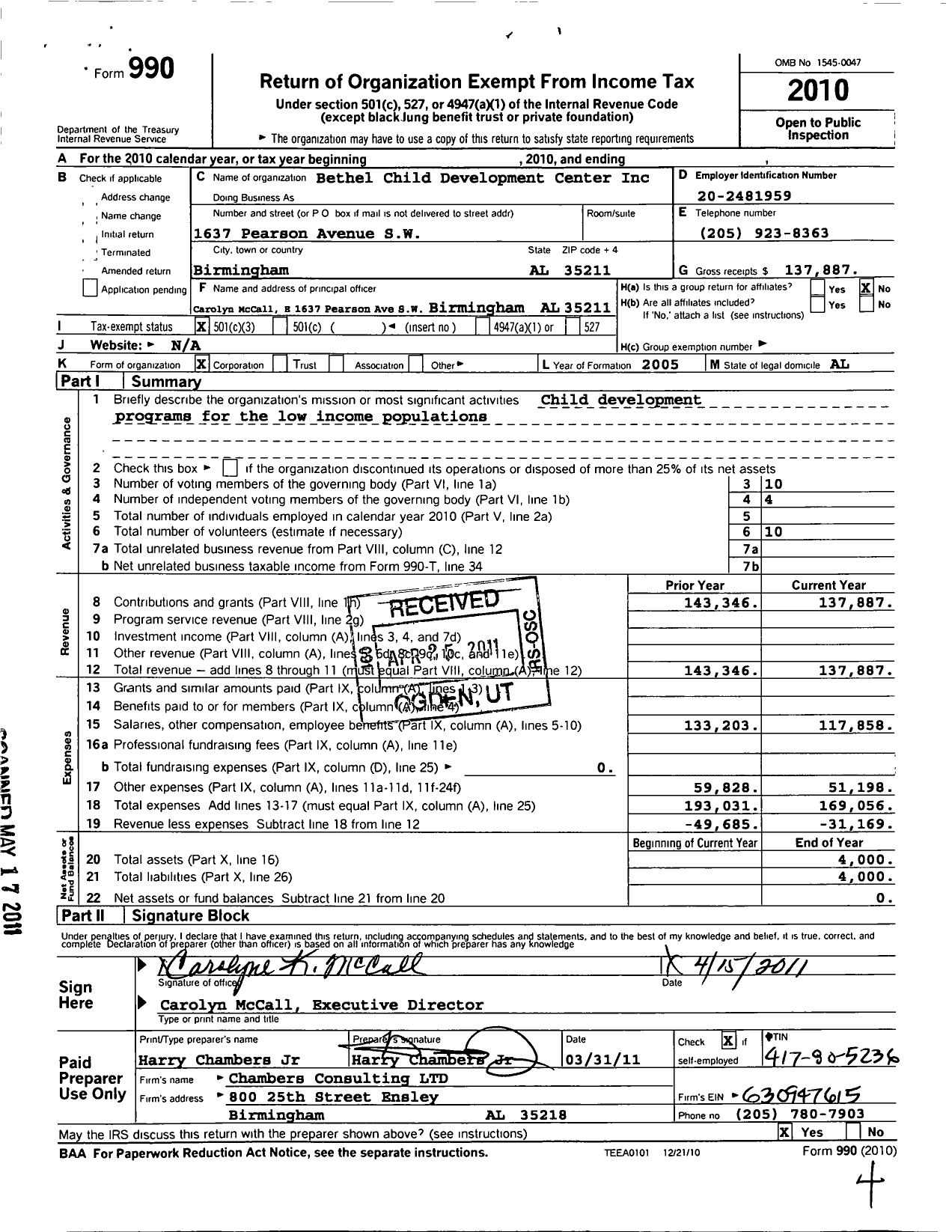 Image of first page of 2010 Form 990 for Bethel Child Development Center