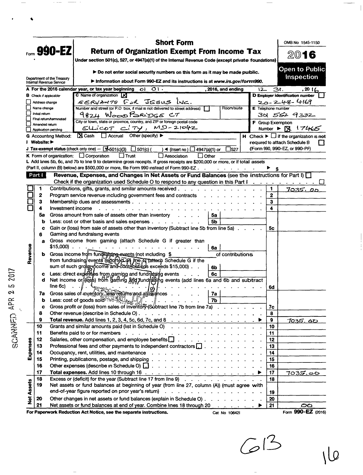 Image of first page of 2016 Form 990EZ for Servants for Jesus