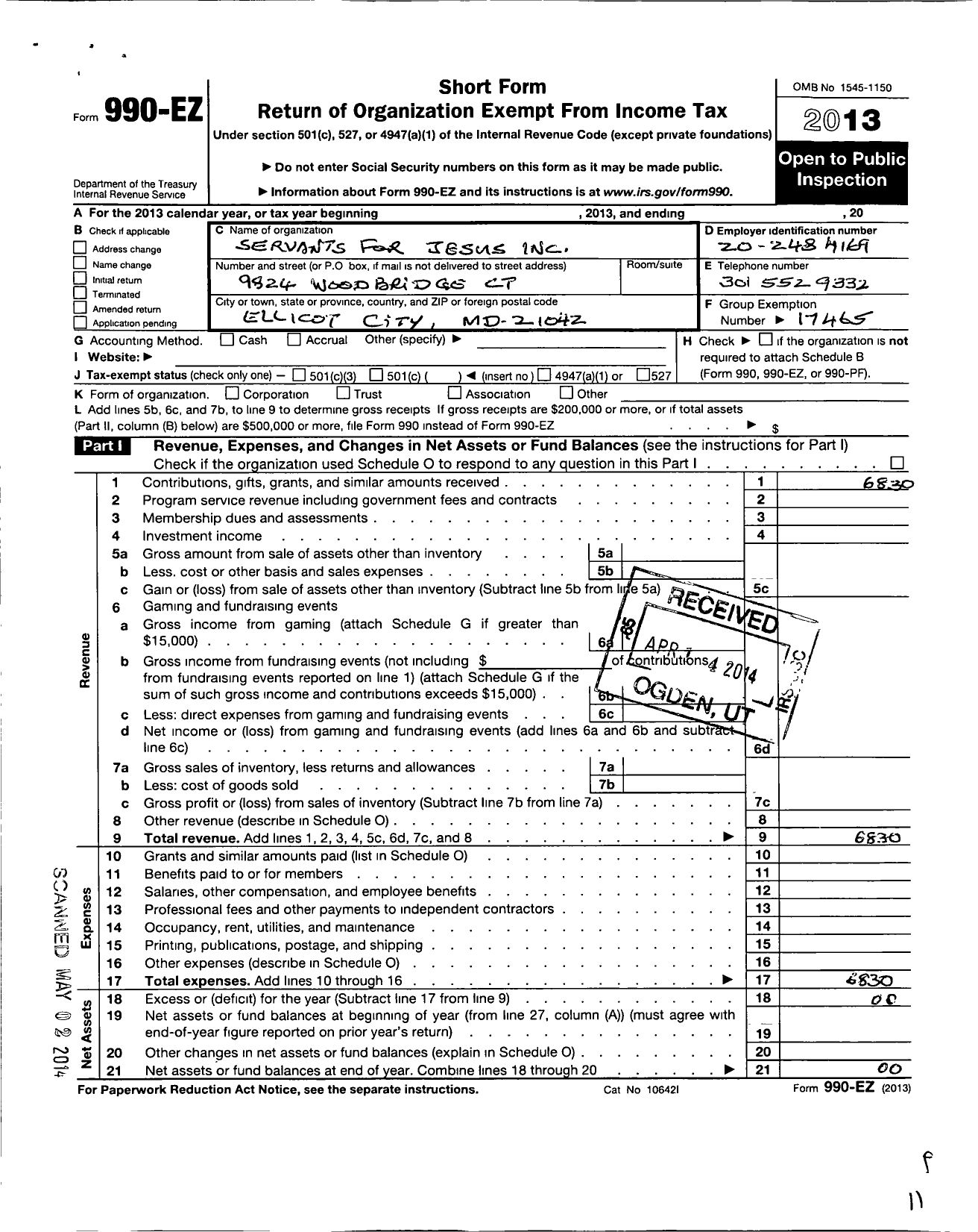 Image of first page of 2013 Form 990EO for Servants for Jesus