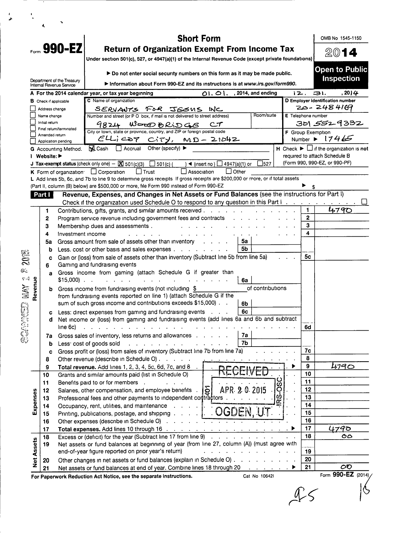 Image of first page of 2014 Form 990EZ for Servants for Jesus