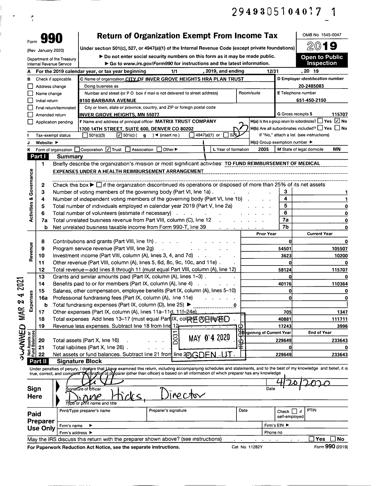 Image of first page of 2019 Form 990 for City of Inver Grove Heights Hra Plan Trust