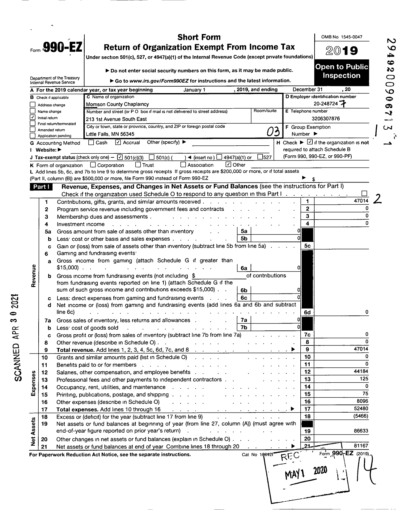 Image of first page of 2019 Form 990EZ for Morrison County Chaplaincy