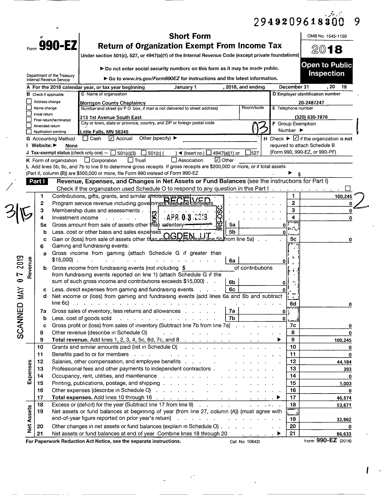 Image of first page of 2018 Form 990EZ for Morrison County Chaplaincy