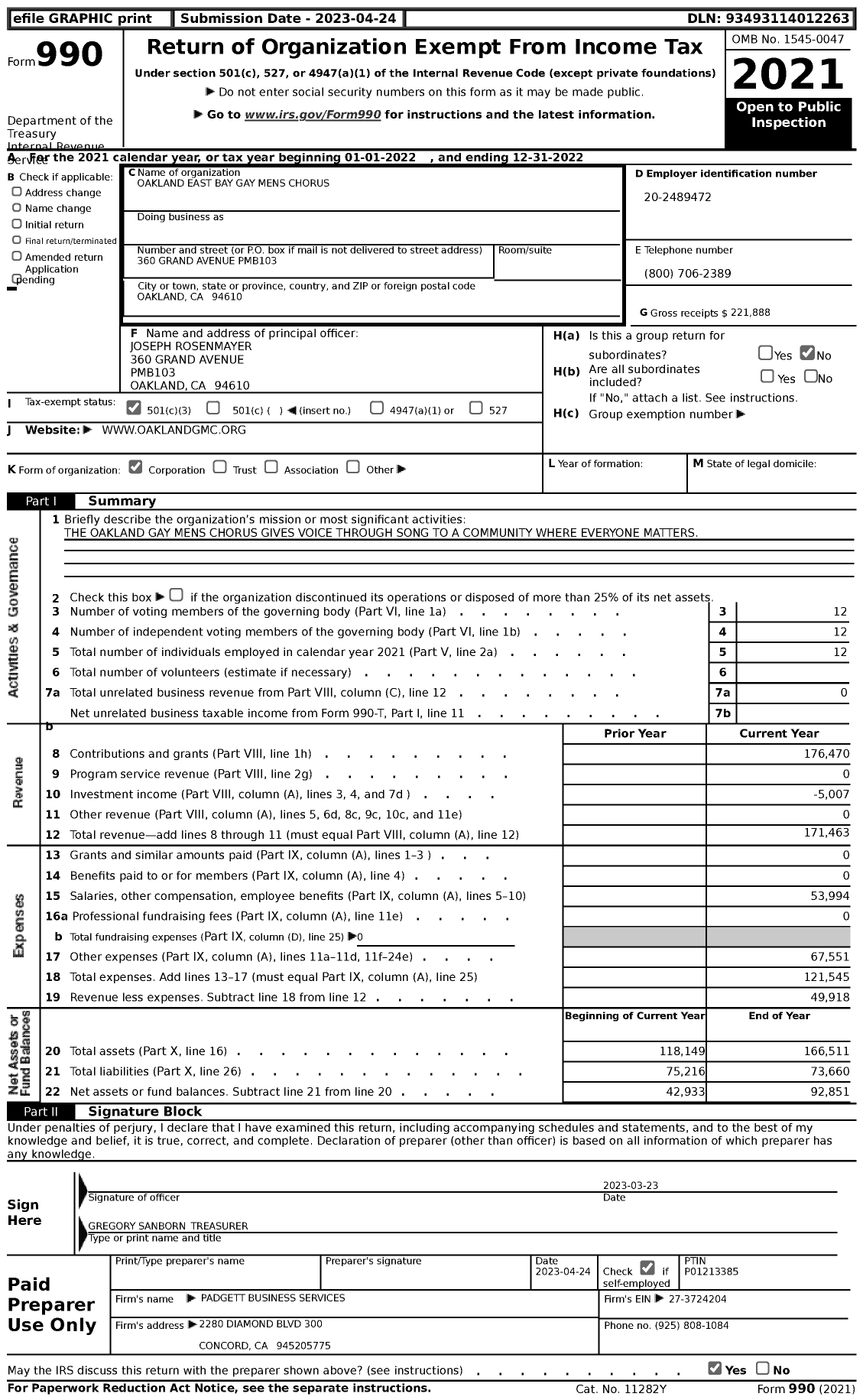 Image of first page of 2022 Form 990 for Oakland East Bay Gay Mens Chorus