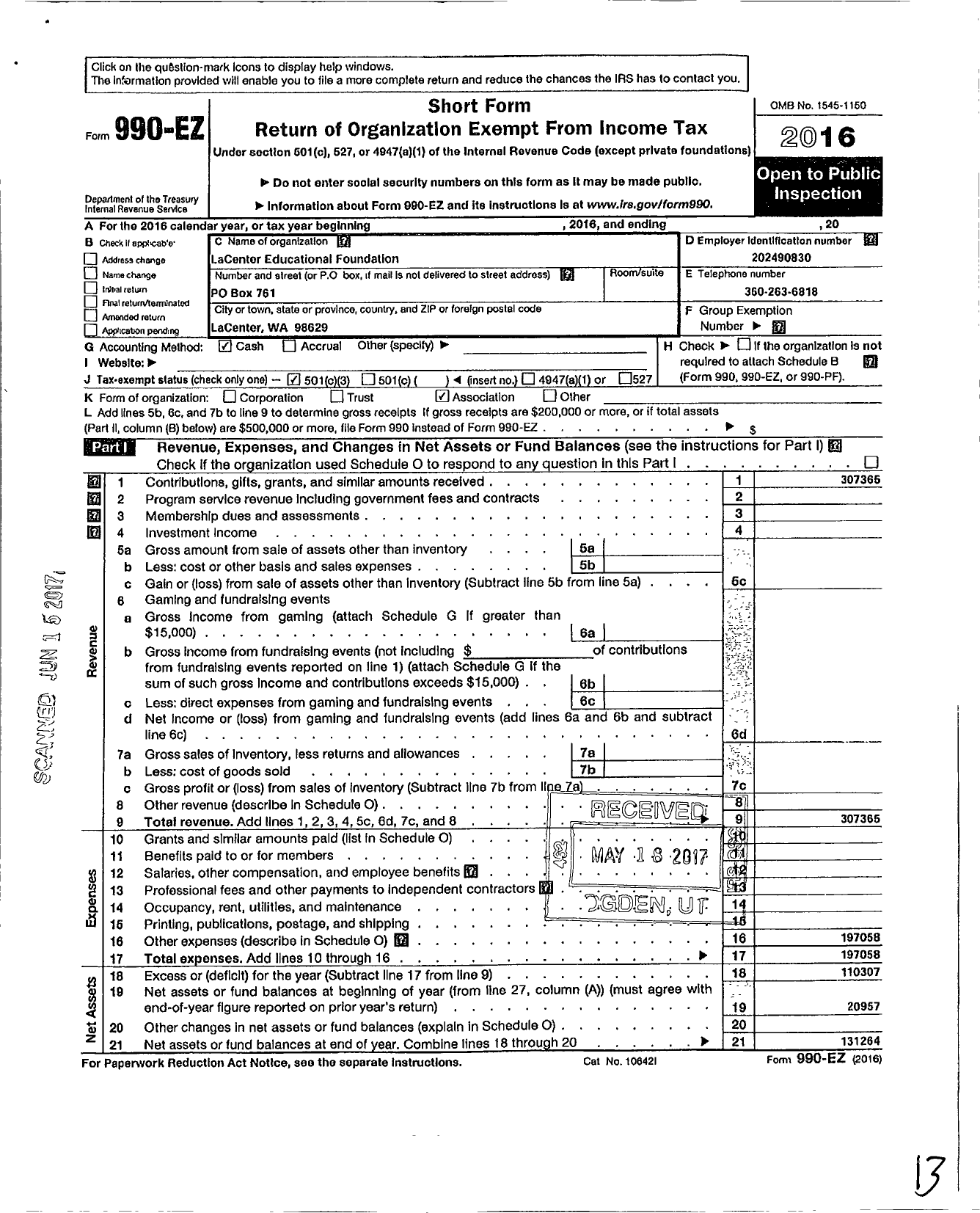 Image of first page of 2016 Form 990EZ for La Center Educational Foundation