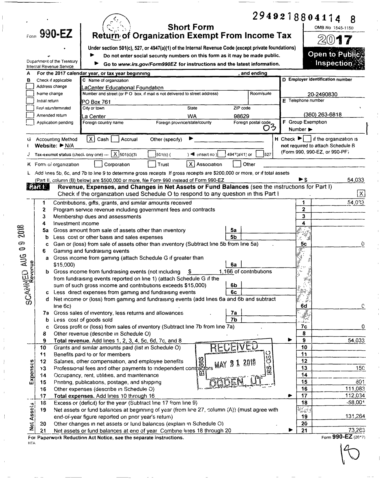 Image of first page of 2017 Form 990EZ for La Center Educational Foundation