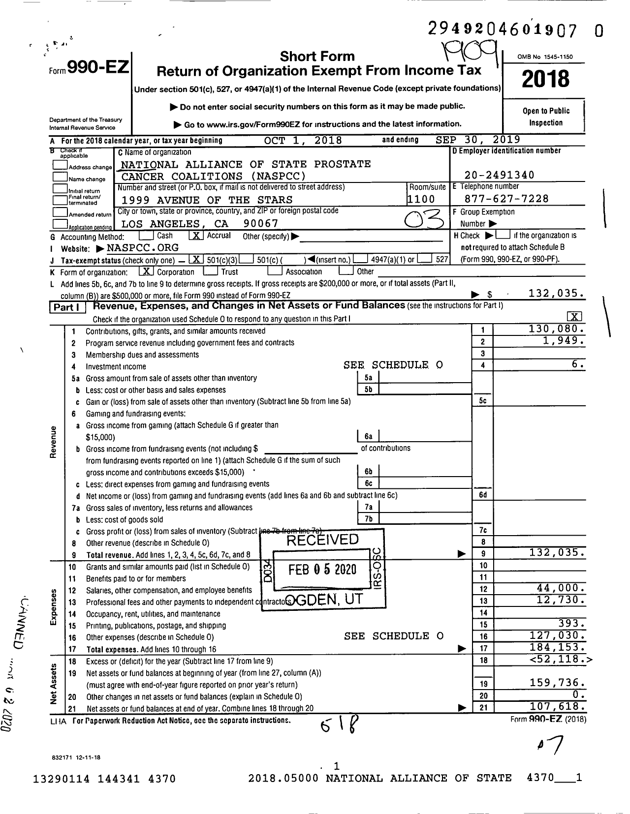 Image of first page of 2018 Form 990EZ for National Alliance of State Prostate Cancer Coalitions (NASPCC)