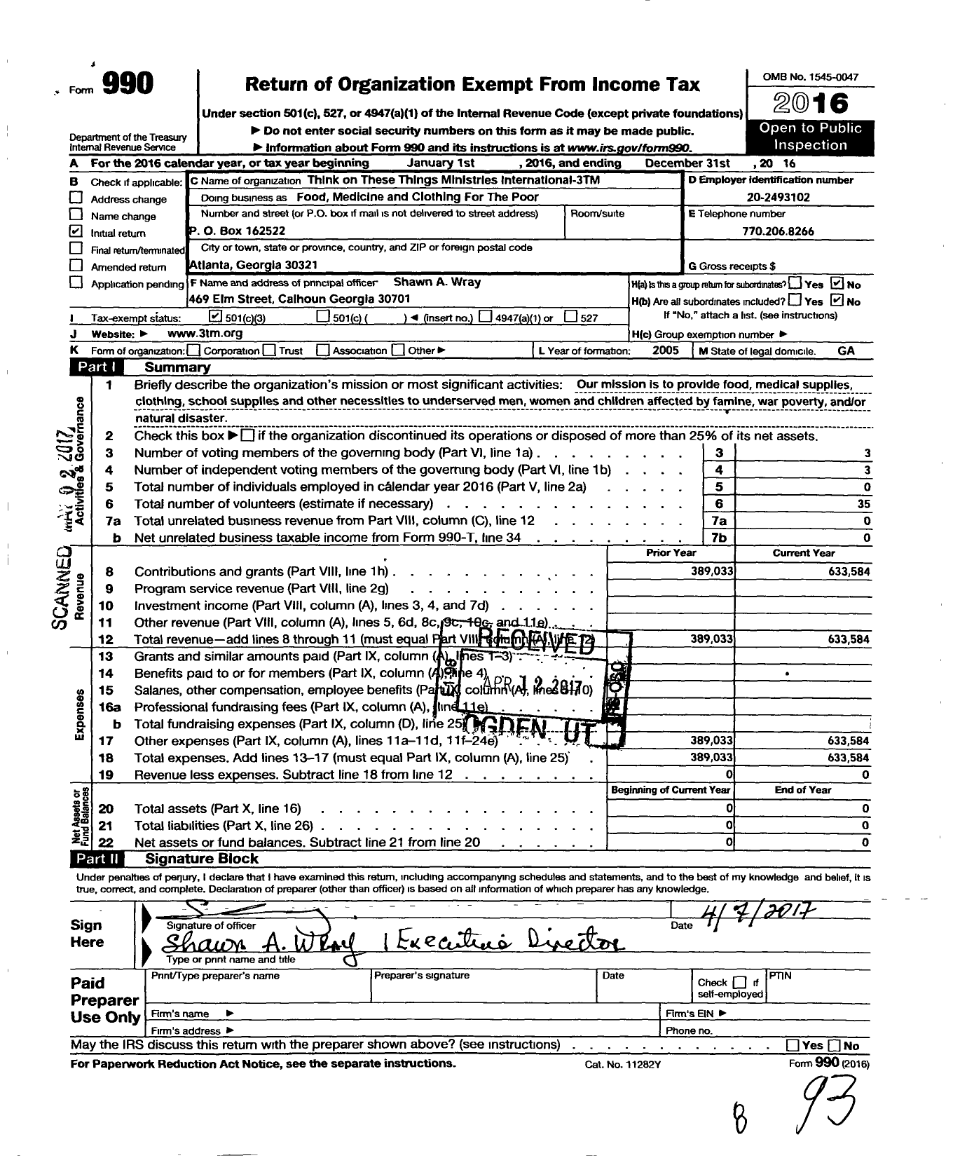 Image of first page of 2016 Form 990 for Think on These Things Ministries International - 3 T M