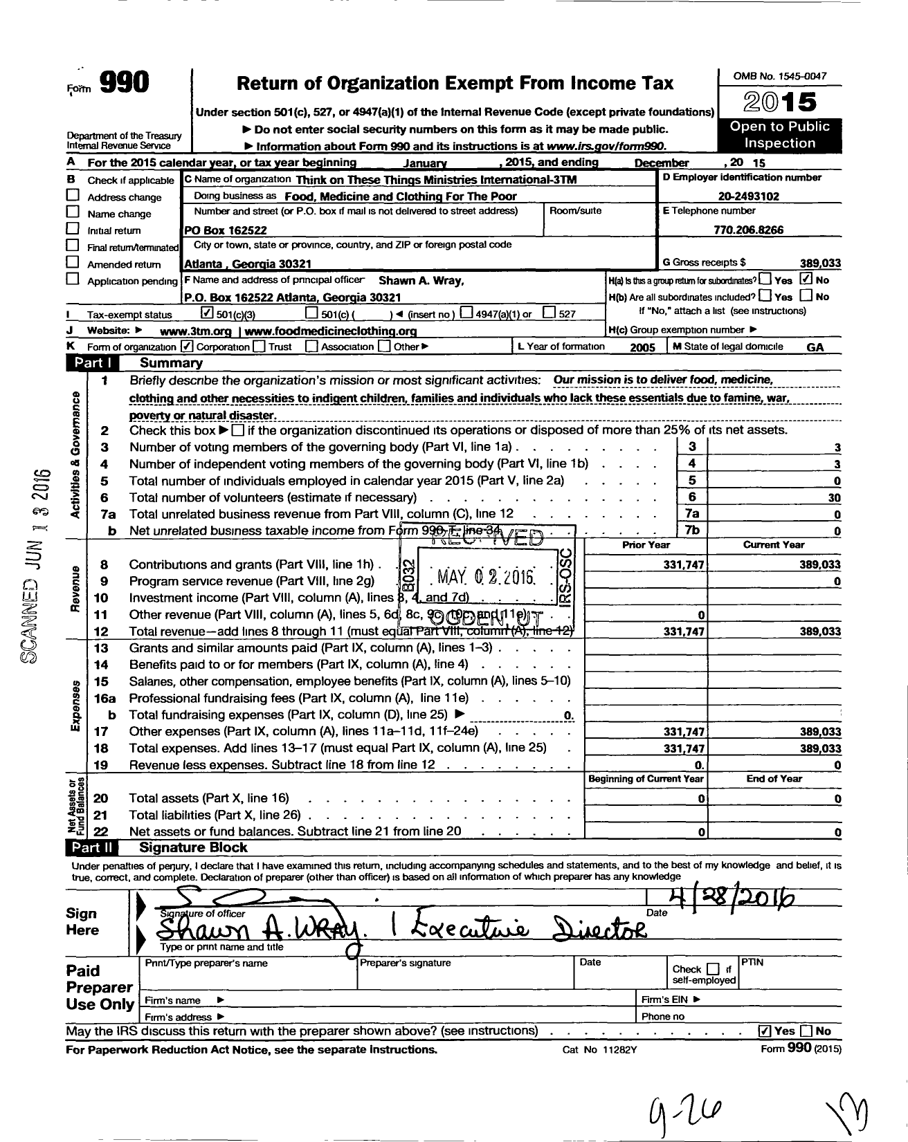 Image of first page of 2015 Form 990 for Think on These Things Ministries International - 3 T M