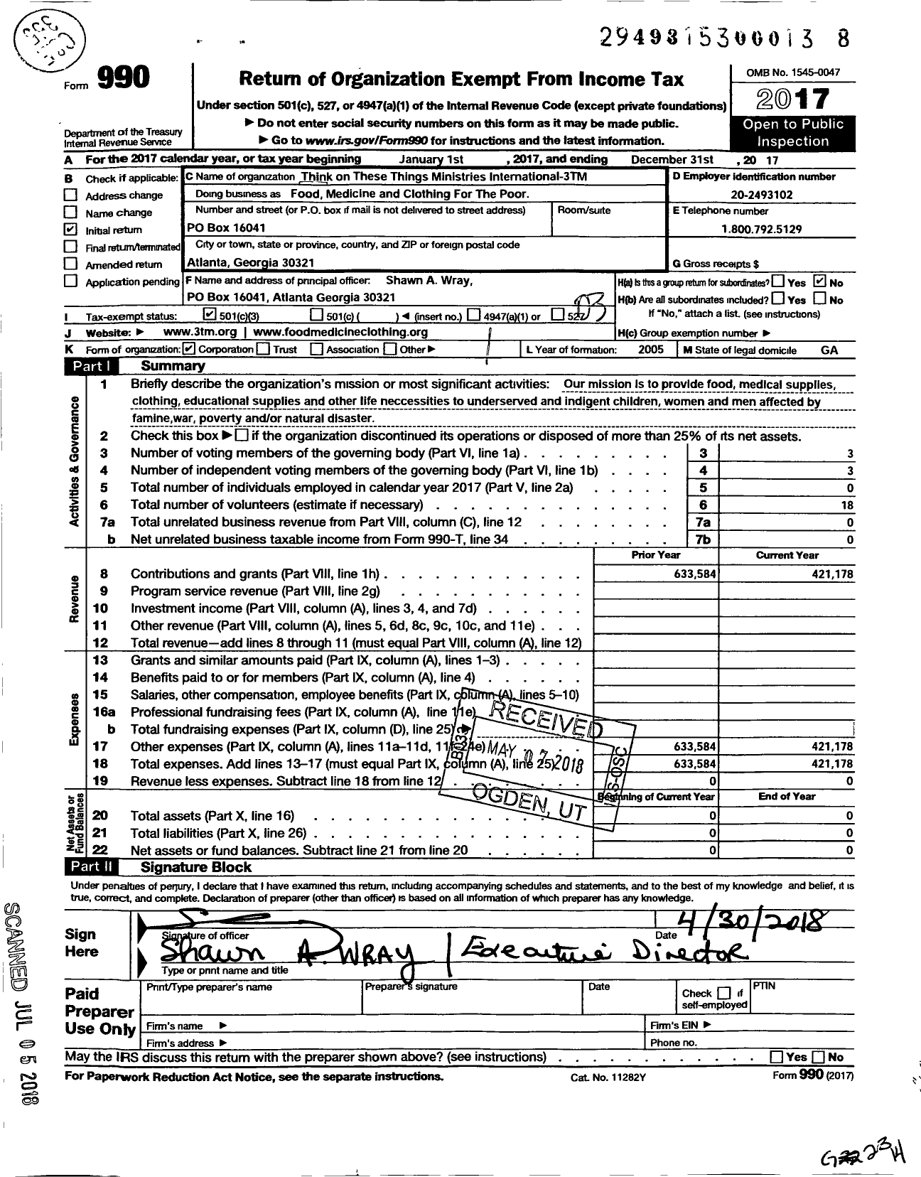 Image of first page of 2017 Form 990 for Think on These Things Ministries International - 3 T M