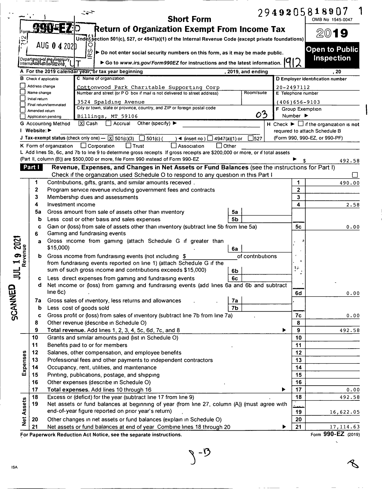 Image of first page of 2019 Form 990EZ for Cottonwood Park Charitable Supporting Corporation