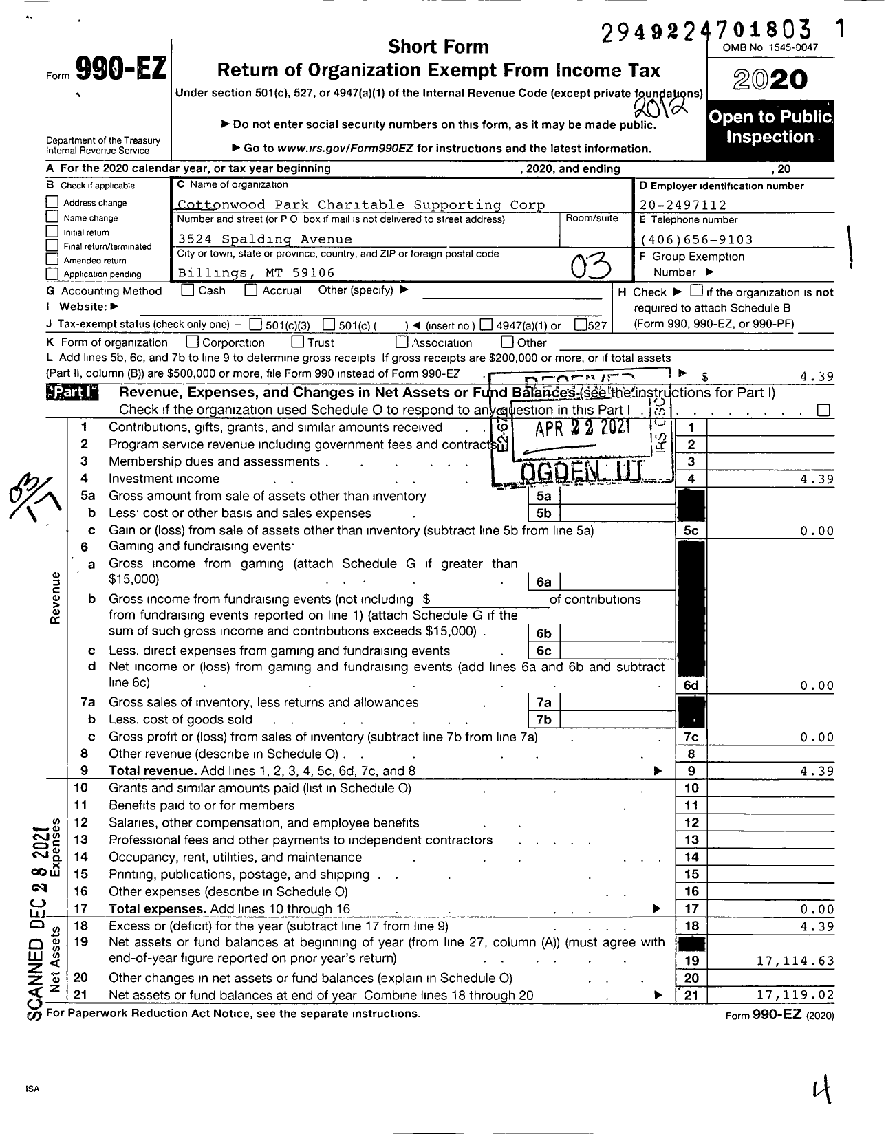 Image of first page of 2020 Form 990EZ for Cottonwood Park Charitable Supporting Corporation