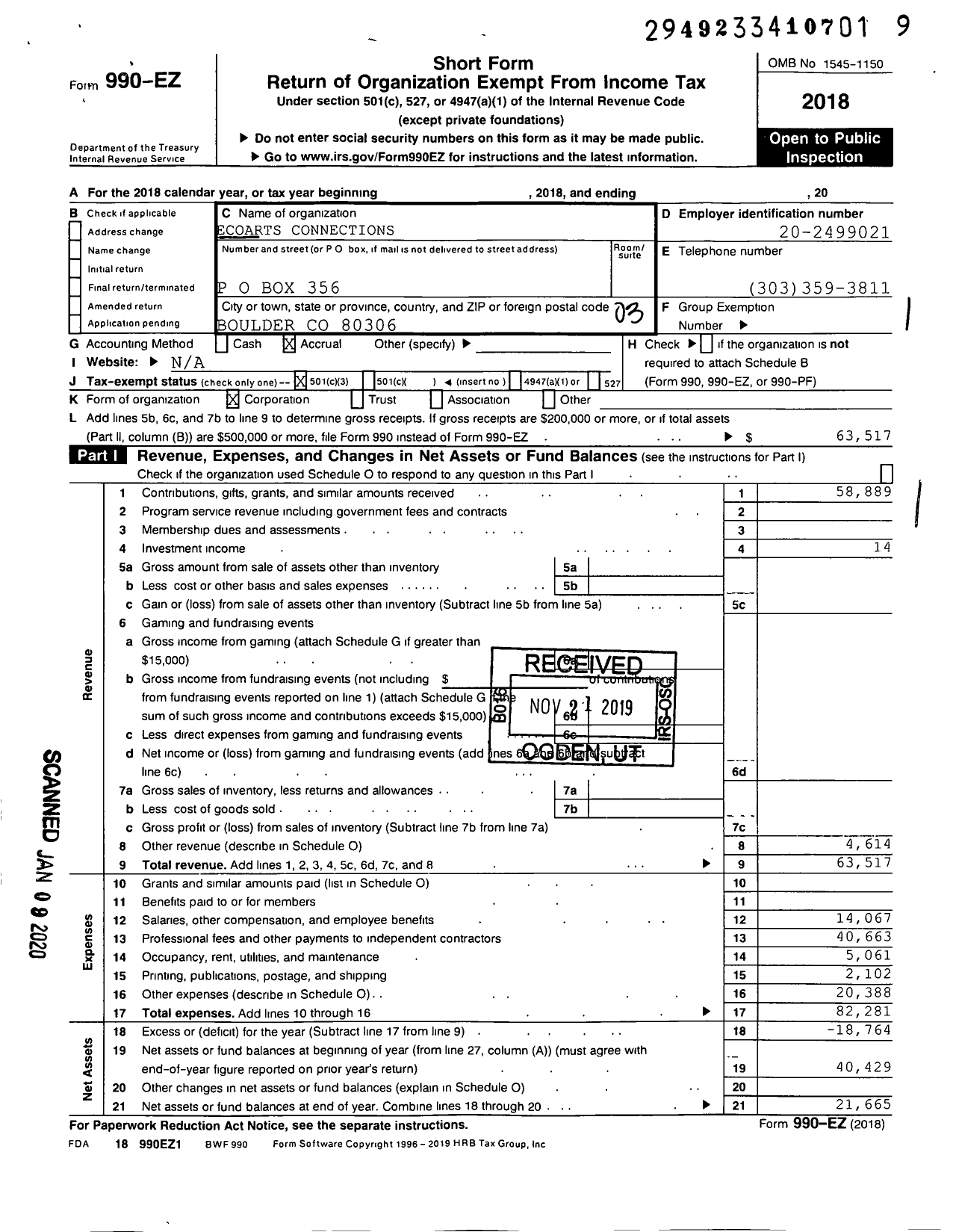 Image of first page of 2018 Form 990EZ for EcoArts Connections