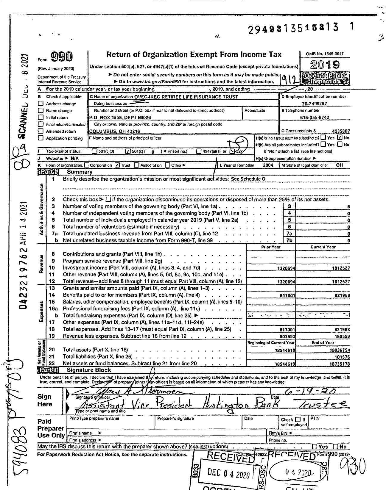 Image of first page of 2019 Form 990O for Ovec-Ikec Retiree Life Insurance Trust