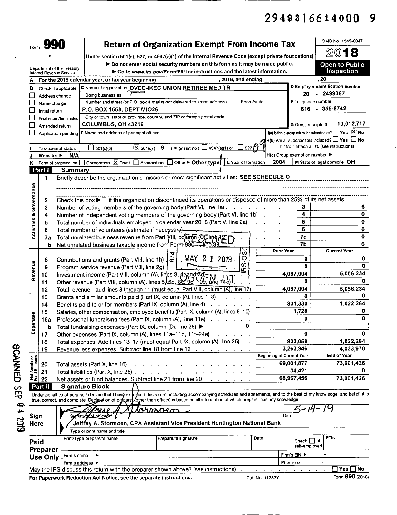 Image of first page of 2018 Form 990O for Ovec-Ikec Union Retiree Medical Trust