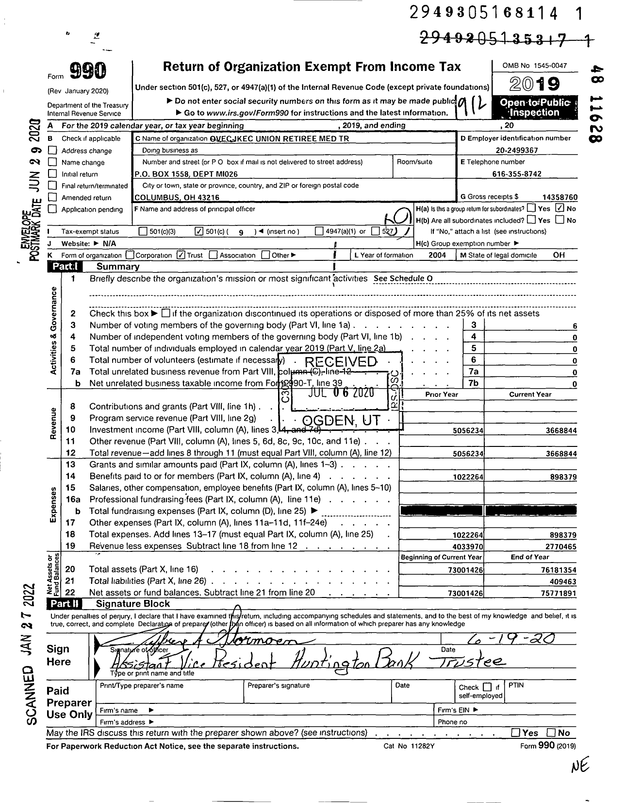 Image of first page of 2019 Form 990O for Ovec-Ikec Union Retiree Medical Trust