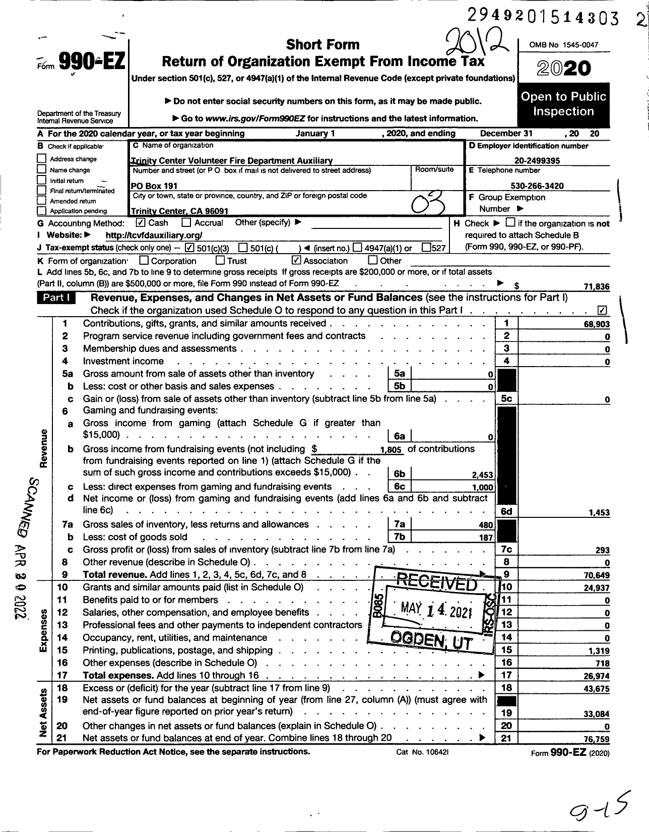 Image of first page of 2020 Form 990EZ for Trinity Center Volunteer Fire Department Auxiliary