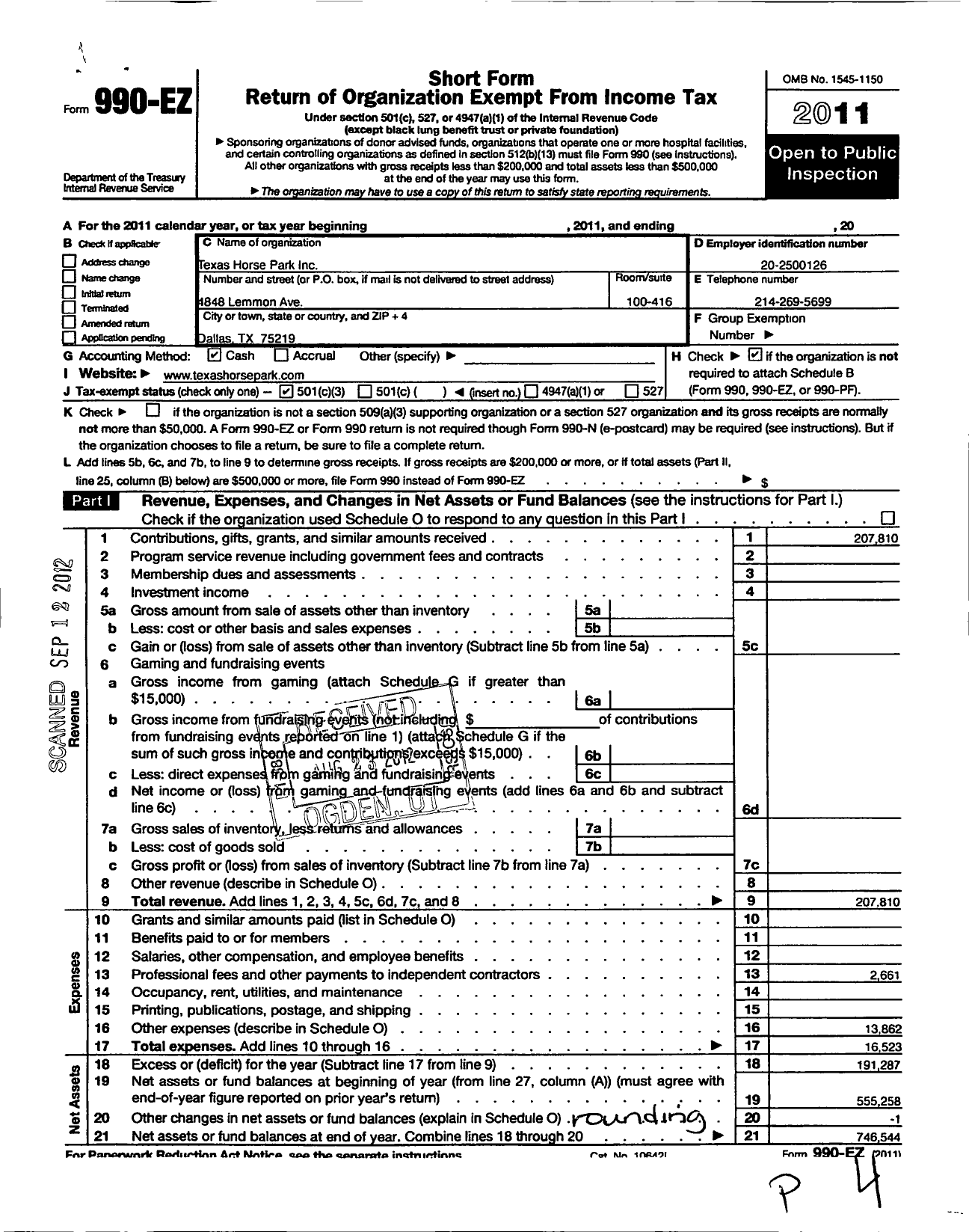 Image of first page of 2011 Form 990EZ for Texas Horse Park