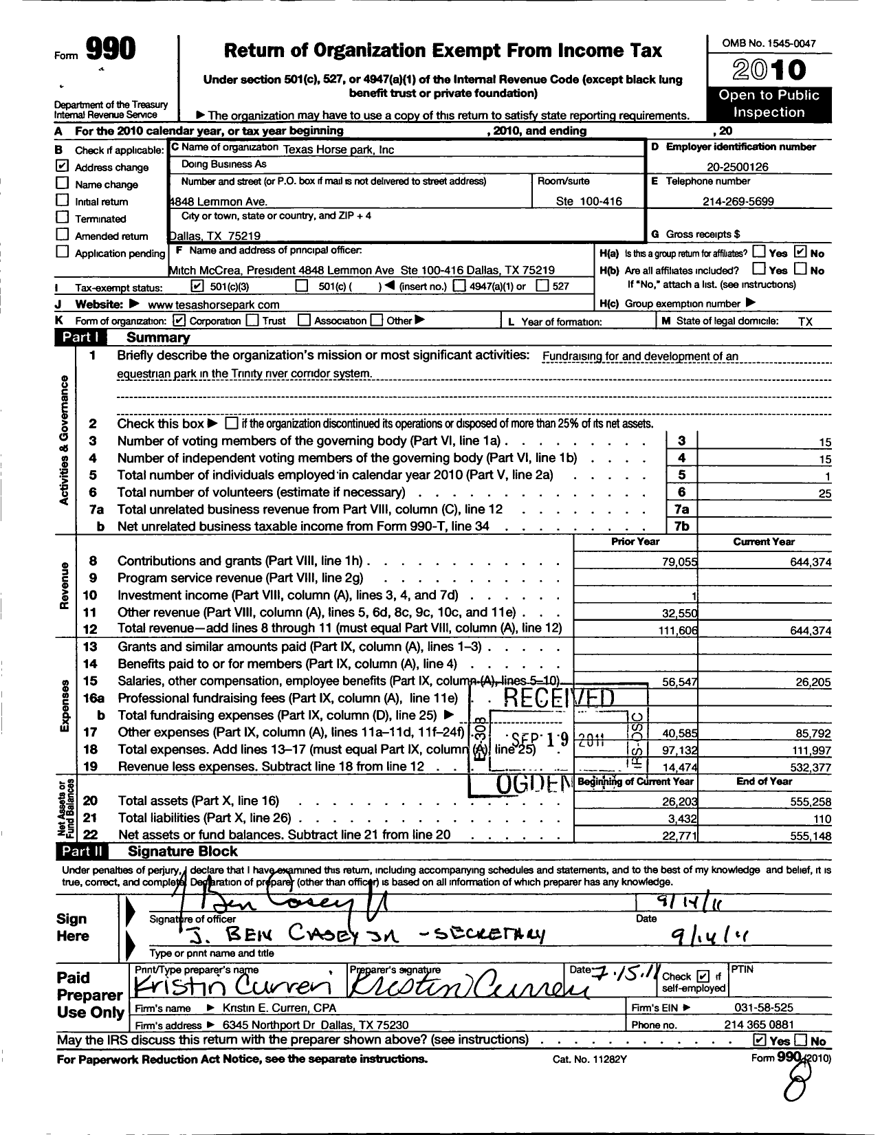 Image of first page of 2010 Form 990 for Texas Horse Park