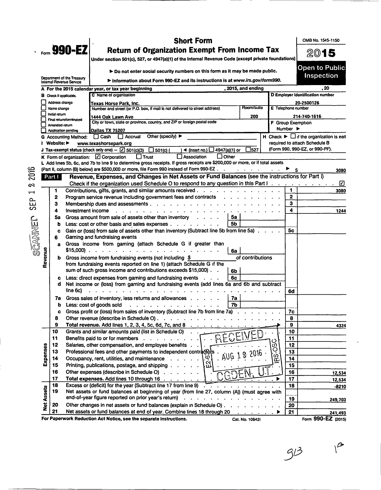 Image of first page of 2015 Form 990EZ for Texas Horse Park