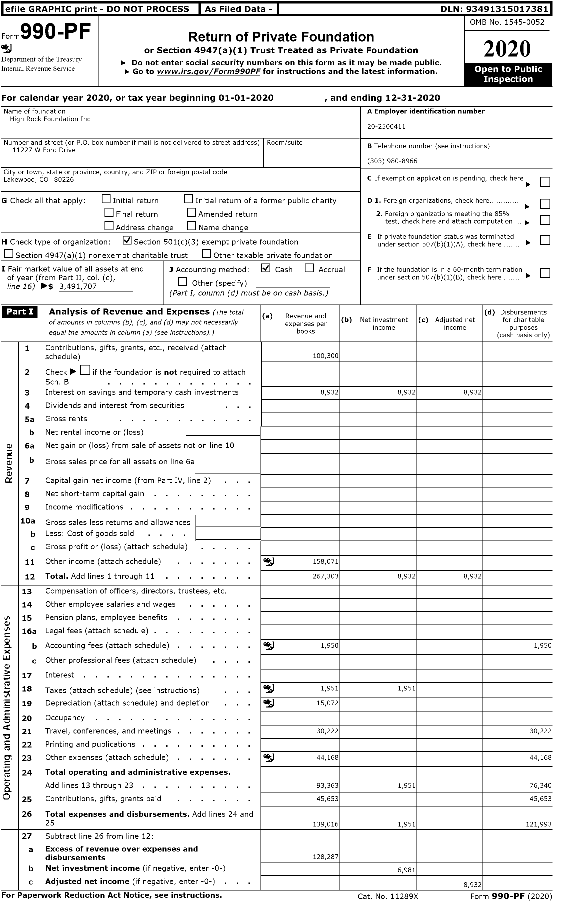 Image of first page of 2020 Form 990PF for High Rock Foundation