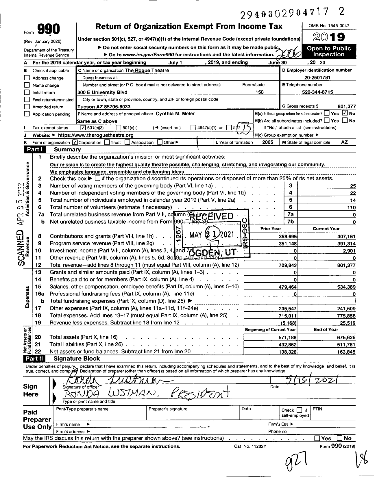 Image of first page of 2019 Form 990 for The Rogue Theatre
