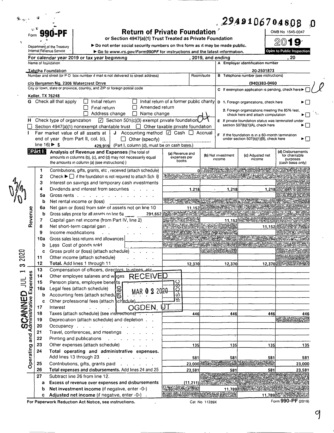 Image of first page of 2019 Form 990PR for Tabitha Foudation