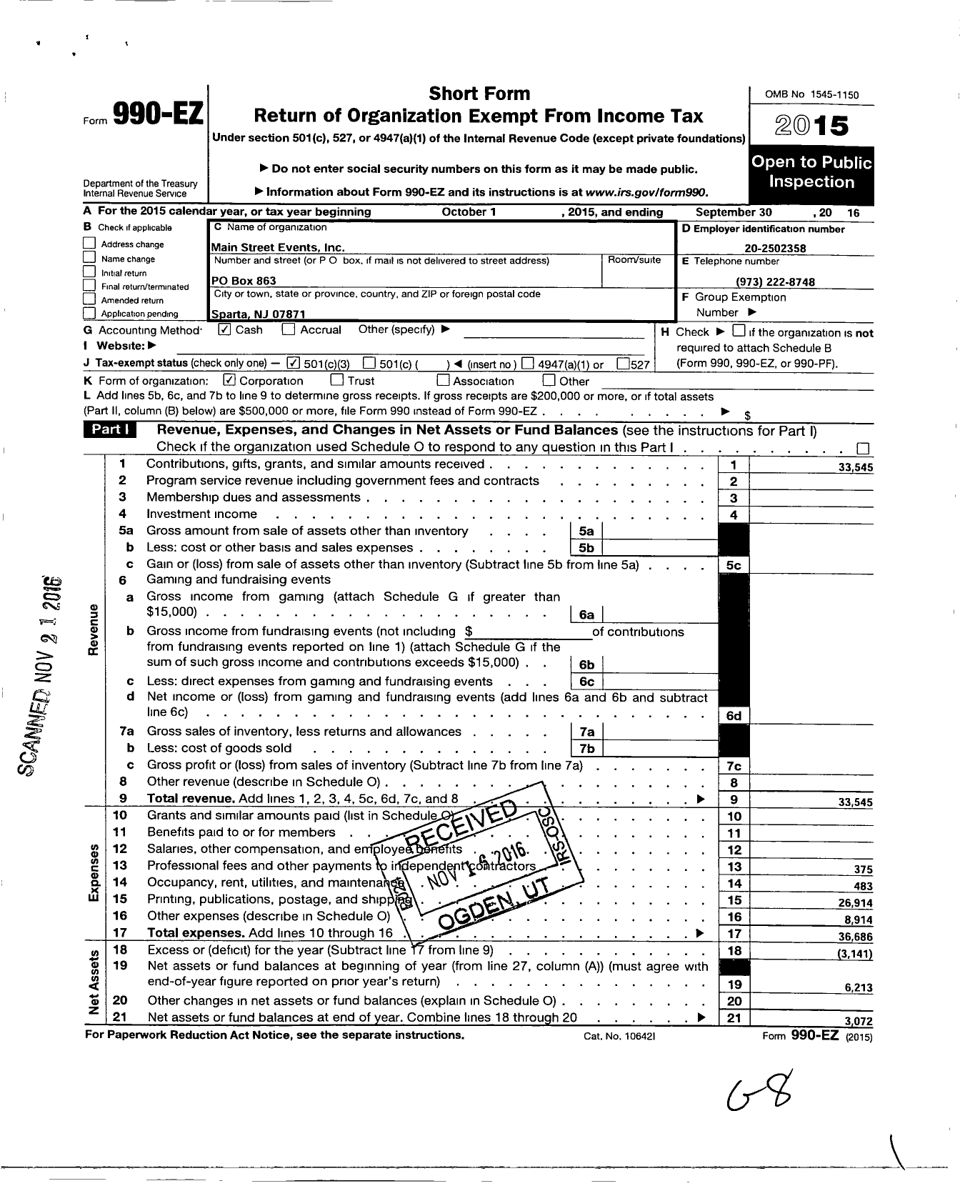 Image of first page of 2015 Form 990EZ for Main Street Events