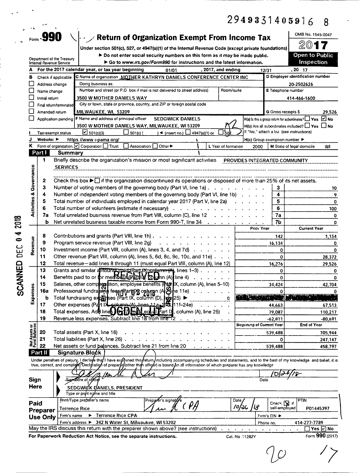 Image of first page of 2017 Form 990 for Mother Kathryn Daniels Conference Center